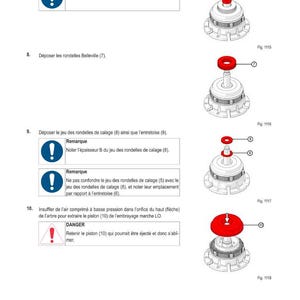May include: Diagram from a manual showing a mechanical assembly process. The image includes numbered steps, illustrations of parts, and warning symbols. Text in French provides instructions for the assembly.