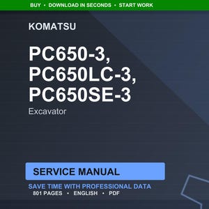 Pode incluir: Uma capa de documento digital azul escuro com o logotipo Komatsu e o texto "PC650-3, PC650LC-3, PC650SE-3 Excavator". O documento &eacute; rotulado como "SERVICE MANUAL" e inclui detalhes sobre o n&uacute;mero de p&aacute;ginas, idioma e tipo de arquivo.