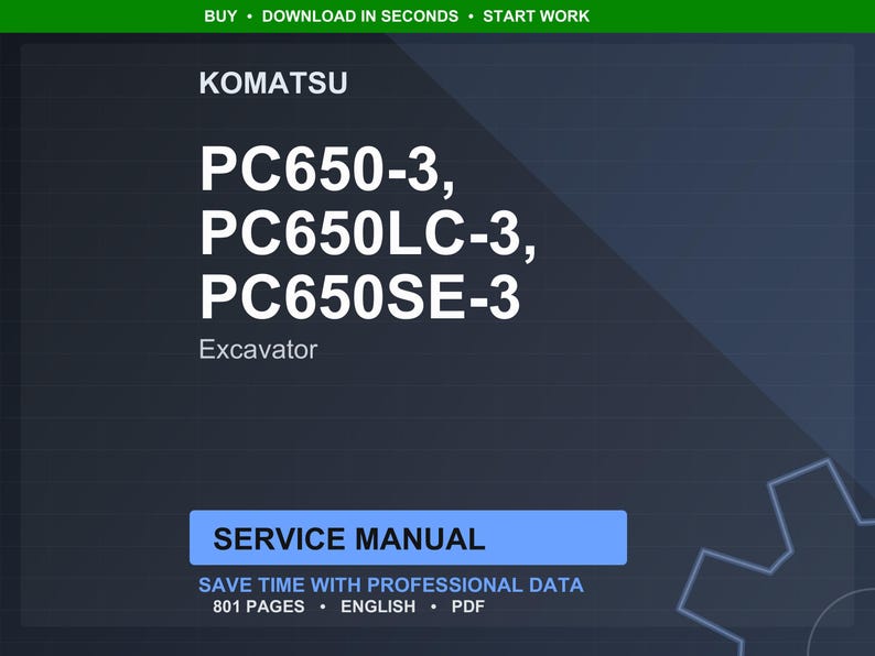 Pode incluir: Uma capa de documento digital azul escuro com o logotipo Komatsu e o texto "PC650-3, PC650LC-3, PC650SE-3 Excavator". O documento &eacute; rotulado como "SERVICE MANUAL" e inclui detalhes sobre o n&uacute;mero de p&aacute;ginas, idioma e tipo de arquivo.