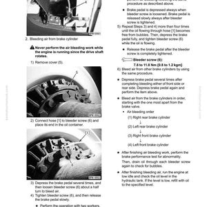 May include: A page from a manual detailing brake system air bleeding procedures. The image includes diagrams of brake components, numbered steps, and safety warnings. Text explains the process, including tightening and loosening screws.