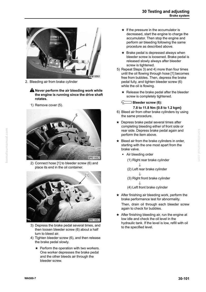 May include: A page from a manual detailing brake system air bleeding procedures. The image includes diagrams of brake components, numbered steps, and safety warnings. Text explains the process, including tightening and loosening screws.