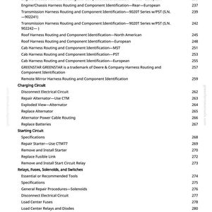 May include: A detailed page from a manual, featuring a table of contents with various automotive electrical system topics. Titles include "Charging Circuit," "Starting Circuit," and "Relays, Fuses, Solenoids, and Switches."