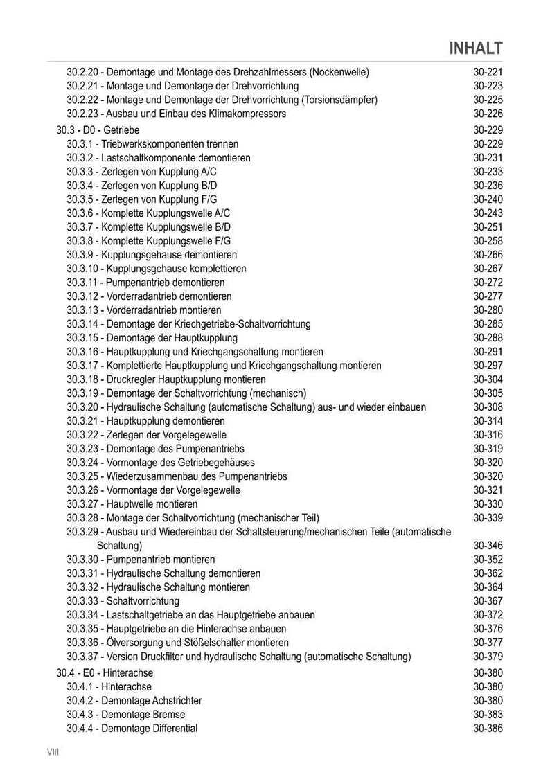 May include: A detailed table of contents in German, listing various mechanical procedures with corresponding page numbers. The document appears to be a technical manual, likely for automotive repair or maintenance.