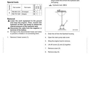 May include: A page from a manual detailing the removal and installation of a hydraulic pump assembly. Includes a diagram, part numbers, and instructions. The text includes the words "Removal" and "Special tools".