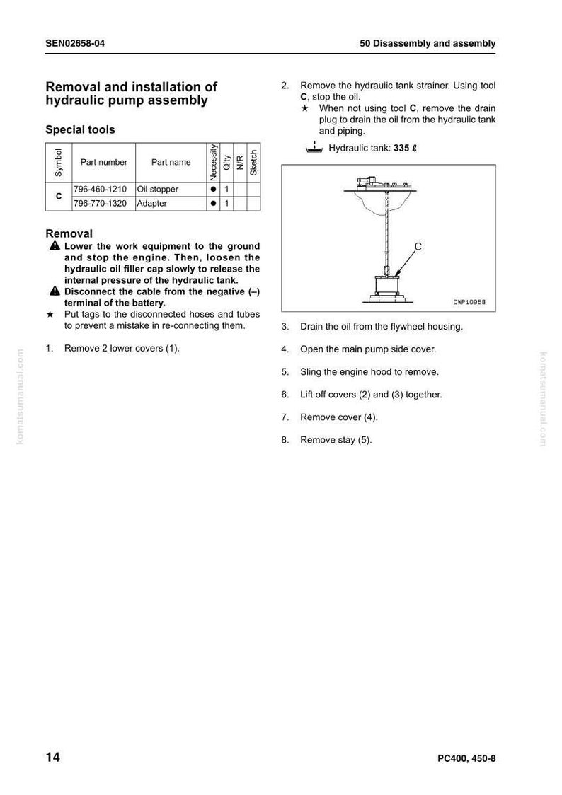 May include: A page from a manual detailing the removal and installation of a hydraulic pump assembly. Includes a diagram, part numbers, and instructions. The text includes the words "Removal" and "Special tools".