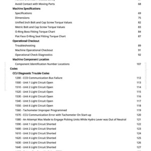 May include: A page from a manual with a list of machine specifications, operational checkout procedures, and diagnostic trouble codes. The text includes safety warnings and component locations, with page numbers on the right.