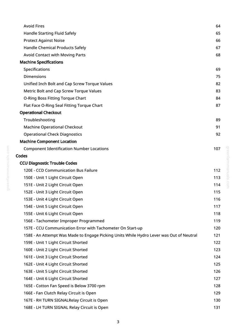 May include: A page from a manual with a list of machine specifications, operational checkout procedures, and diagnostic trouble codes. The text includes safety warnings and component locations, with page numbers on the right.