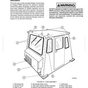 May include: Diagram of a truck cab assembly, featuring a rectangular structure with windows, windshield wipers, and a roof. The diagram includes labels for various components like the mounting pad, access cover, and filter cover. The text includes a warning about modifications.