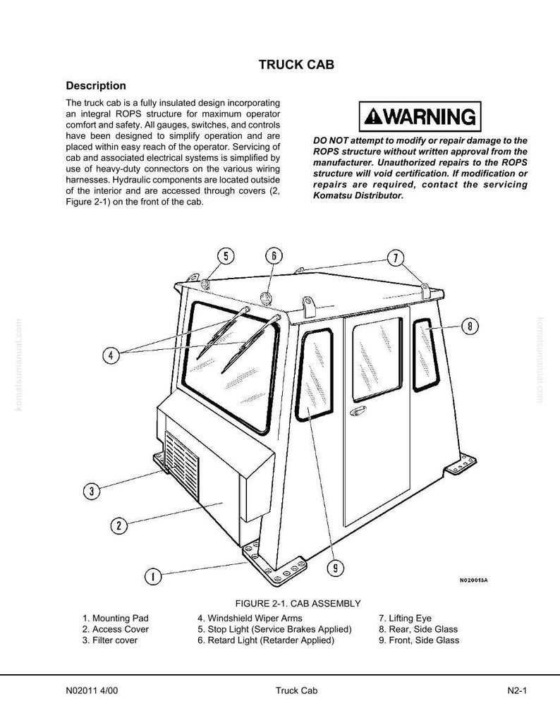 May include: Diagram of a truck cab assembly, featuring a rectangular structure with windows, windshield wipers, and a roof. The diagram includes labels for various components like the mounting pad, access cover, and filter cover. The text includes a warning about modifications.