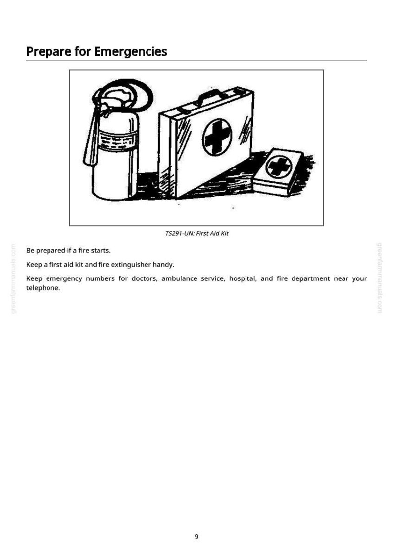 May include: Black and white illustration of emergency preparedness items. Includes a fire extinguisher, a first aid kit with a cross, and a smaller first aid kit. Text reads "Prepare for Emergencies" and "TS291-UN: First Aid Kit."