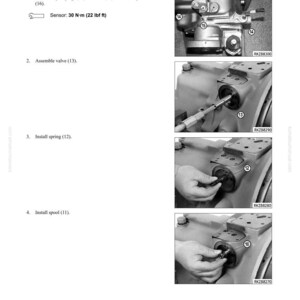 May include: A grayscale diagram detailing transmission overhaul procedures. The image provides assembly instructions, including port plugs, a breather, and an oil temperature sensor. The text indicates a sensor torque of 30 N-m (22 lbf ft).