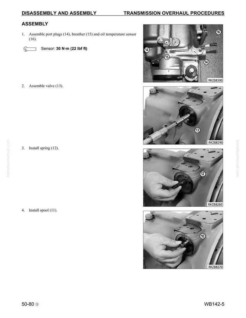 May include: A grayscale diagram detailing transmission overhaul procedures. The image provides assembly instructions, including port plugs, a breather, and an oil temperature sensor. The text indicates a sensor torque of 30 N-m (22 lbf ft).
