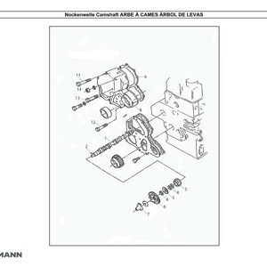 May include: An exploded diagram of an engine's camshaft assembly, with various components labeled. The image is a technical illustration, featuring a detailed view of the engine parts, including bolts, gears, and the camshaft itself. The text at the top reads "Nockenwelle Camshaft ARBE &Agrave; CAMES &Aacute;RBOL DE LEVAS".