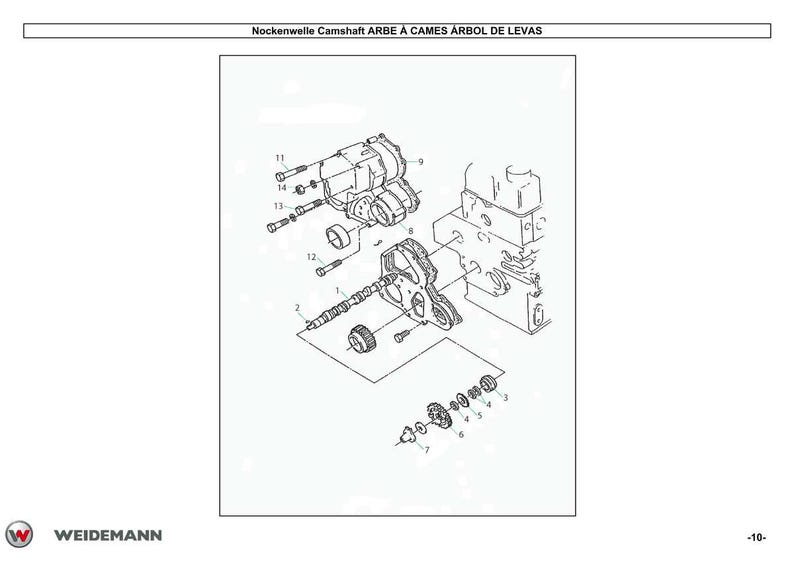 May include: An exploded diagram of an engine's camshaft assembly, with various components labeled. The image is a technical illustration, featuring a detailed view of the engine parts, including bolts, gears, and the camshaft itself. The text at the top reads "Nockenwelle Camshaft ARBE &Agrave; CAMES &Aacute;RBOL DE LEVAS".