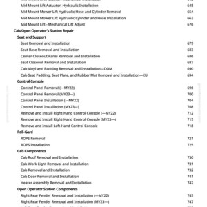 May include: A white page with a detailed table of contents for a manual. The text includes sections on mid-mount lift, cab components, and control consoles, with corresponding page numbers.