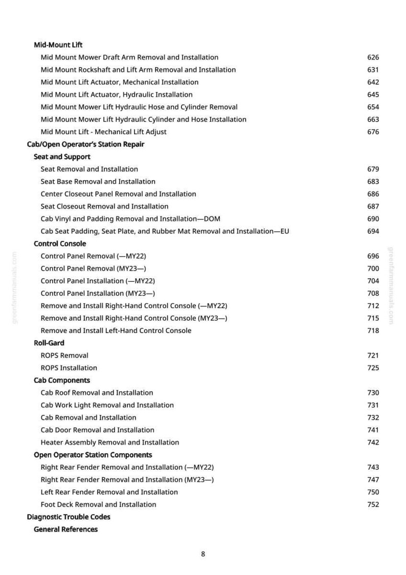May include: A white page with a detailed table of contents for a manual. The text includes sections on mid-mount lift, cab components, and control consoles, with corresponding page numbers.
