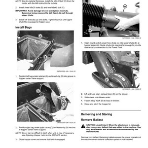 May include: A detailed instructional diagram with text and illustrations for assembling and disassembling a machine's components. The images show steps for installing a power flow chute and bags, with labeled parts and diagrams. The text includes warnings and instructions.