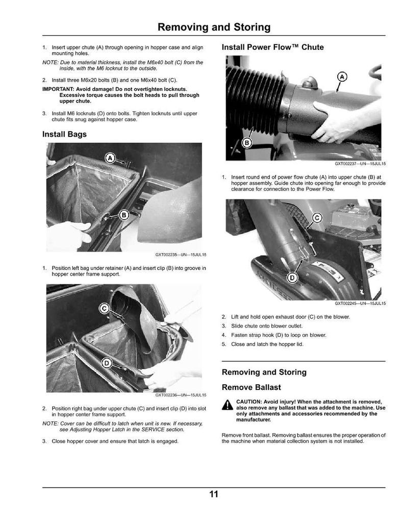 May include: A detailed instructional diagram with text and illustrations for assembling and disassembling a machine's components. The images show steps for installing a power flow chute and bags, with labeled parts and diagrams. The text includes warnings and instructions.