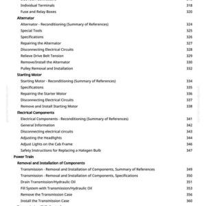 Puede incluir: Una p&aacute;gina de manual con un &iacute;ndice. El texto incluye secciones sobre conectores, alternadores, motores de arranque, componentes el&eacute;ctricos y tren de potencia. Los n&uacute;meros de p&aacute;gina se enumeran a la derecha.