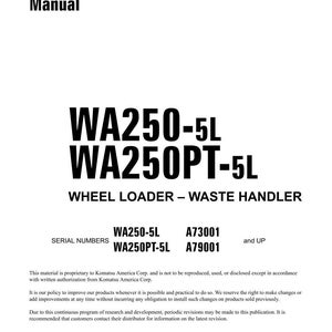 Może przedstawiać: Instrukcja warsztatowa z tekstem "WA250-5L WA250PT-5L WHEEL LOADER - WASTE HANDLER". Zawiera numery seryjne i informacje o prawach autorskich. Wydrukowano w USA, marzec 2016.