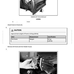 May include: Diagram of a machine component with the text "H66455-UN: Frame Removal" and "H66516-UN: Wear Pad". The image includes a warning about the frame's weight, approximately 95 kg.