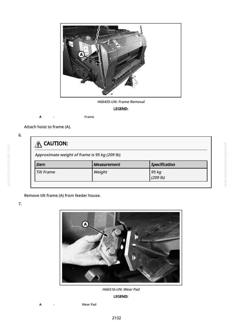May include: Diagram of a machine component with the text "H66455-UN: Frame Removal" and "H66516-UN: Wear Pad". The image includes a warning about the frame's weight, approximately 95 kg.