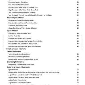 May include: A page from a manual with a table of contents. The text includes titles such as "Diagnosing Hydraulic Malfunctions," "Tensioning Valve Repair," and "Twine Wrap System Adjustments." Page numbers are listed on the right.