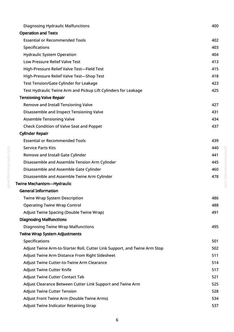 May include: A page from a manual with a table of contents. The text includes titles such as "Diagnosing Hydraulic Malfunctions," "Tensioning Valve Repair," and "Twine Wrap System Adjustments." Page numbers are listed on the right.