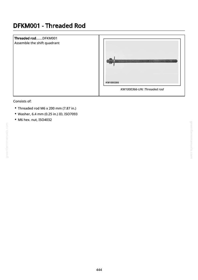 May include: Diagram of a threaded rod assembly, including a 7.87-inch threaded rod, a washer, and a hex nut. The text reads "DFKM001 - Threaded Rod" and "KM1000366-UN: Threaded rod."