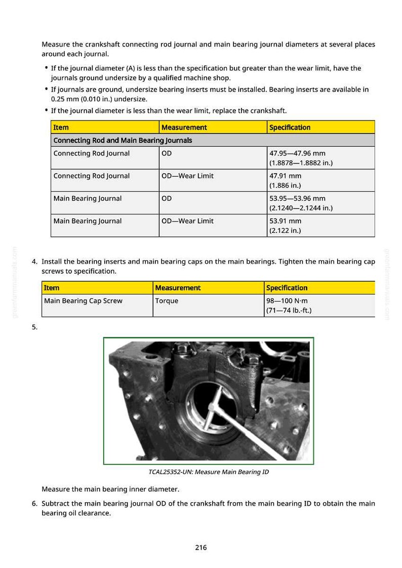 Puede incluir: Diagrama t&eacute;cnico con medidas para mu&ntilde;ones de biela y mu&ntilde;ones principales de cig&uuml;e&ntilde;al. Incluye especificaciones en pulgadas y mil&iacute;metros, junto con una imagen detallada de un componente del motor.