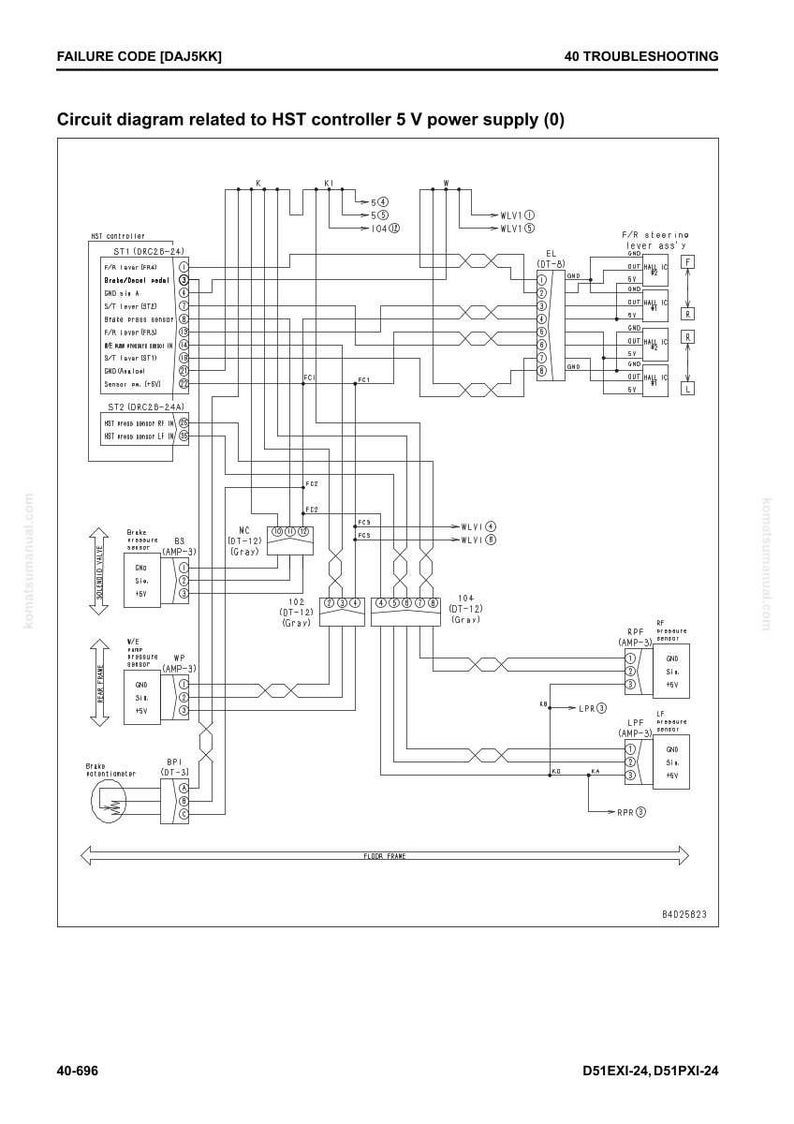 May include: A detailed circuit diagram related to the HST controller 5 V power supply. The diagram includes various components, labeled with text and symbols, and connected by lines. The diagram is in black and white.