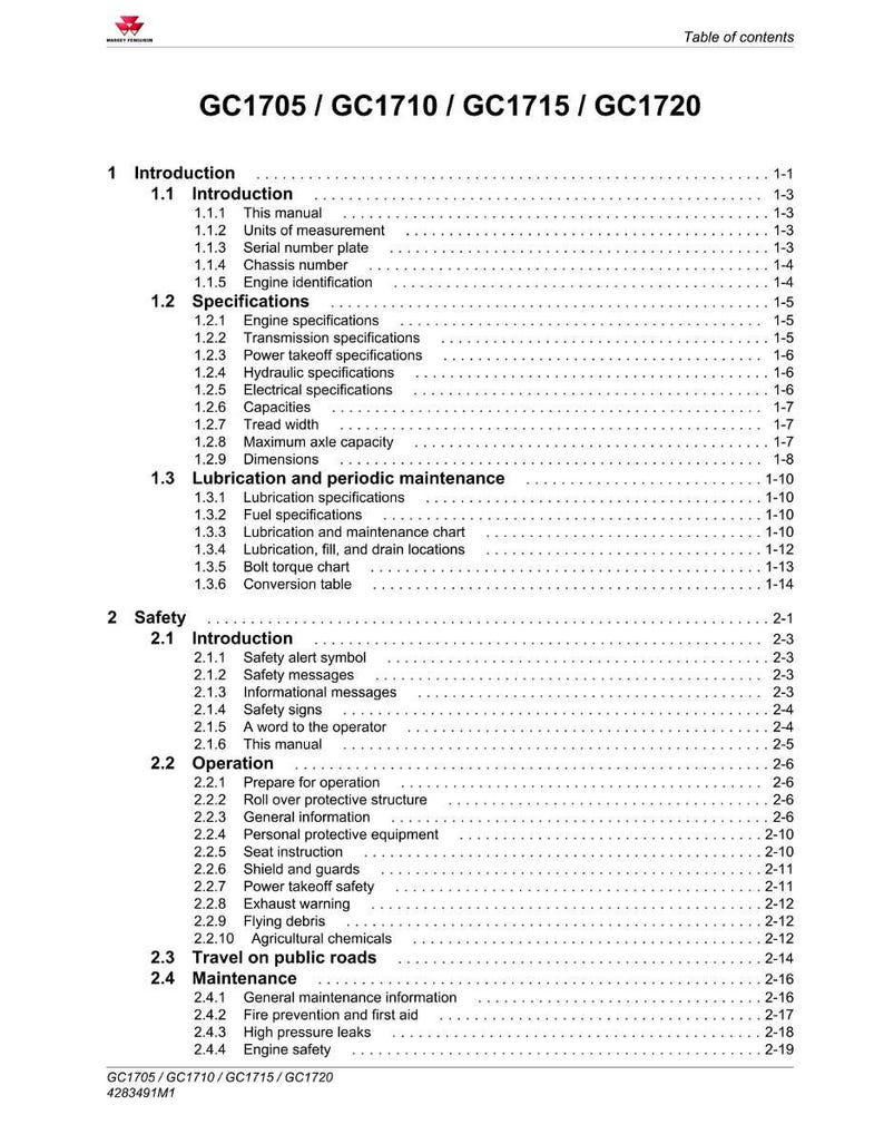 Op de afbeelding: Een gedetailleerde inhoudsopgave van een handleiding voor de modellen GC1705, GC1710, GC1715 en GC1720. Het document is ingedeeld in secties zoals inleiding, specificaties, veiligheid en onderhoud.