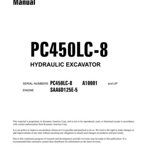 Puede incluir: Una portada de manual de taller blanca con el t&iacute;tulo "Shop Manual" en la parte superior. El texto "PC450LC-8 HYDRAULIC EXCAVATOR" se muestra de forma destacada. El texto adicional incluye n&uacute;meros de serie, detalles del motor e informaci&oacute;n de derechos de autor.