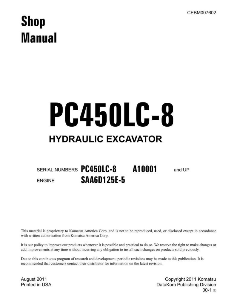 Puede incluir: Una portada de manual de taller blanca con el t&iacute;tulo "Shop Manual" en la parte superior. El texto "PC450LC-8 HYDRAULIC EXCAVATOR" se muestra de forma destacada. El texto adicional incluye n&uacute;meros de serie, detalles del motor e informaci&oacute;n de derechos de autor.