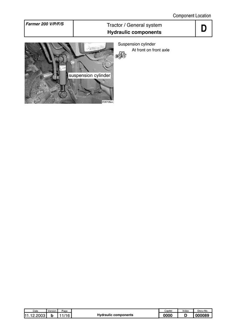May include: Diagram of a tractor's hydraulic components, including a suspension cylinder. The image is labeled "Farmer 200 V/P/F/S" and includes text indicating the component location and system type. The diagram is in black and white.