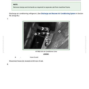 Pu&ograve; includere: Schema delle tubazioni dell'aria condizionata con tubi flessibili contrassegnati con 'A'. Istruzioni per scollegare i tubi e prevenire la contaminazione. L'immagine proviene da un manuale greenfarmmanuals.com.