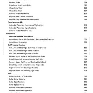 May include: A page from a manual with a list of maintenance and repair procedures for agricultural equipment. The text includes topics like "Disks and Knives," "Cutterbar Assembly," and "Roll Arms and Bearings." Page numbers are listed on the right.