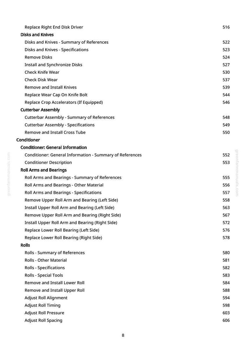May include: A page from a manual with a list of maintenance and repair procedures for agricultural equipment. The text includes topics like "Disks and Knives," "Cutterbar Assembly," and "Roll Arms and Bearings." Page numbers are listed on the right.