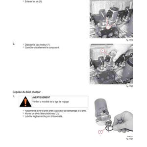 May include: Page from a technical manual detailing engine block removal and reassembly procedures. Includes diagrams and numbered steps. Features the text "METHODE D'INTERVENTION" and "AVERTISSEMENT".