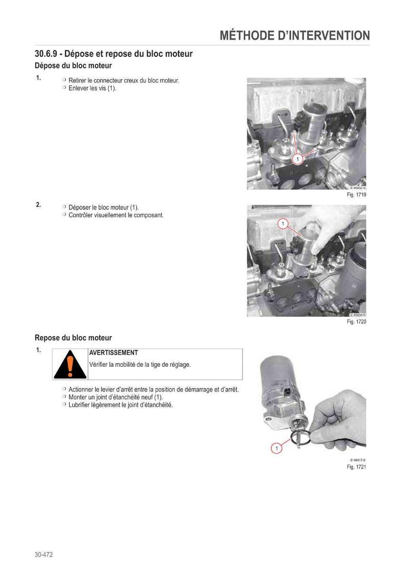 May include: Page from a technical manual detailing engine block removal and reassembly procedures. Includes diagrams and numbered steps. Features the text "METHODE D'INTERVENTION" and "AVERTISSEMENT".