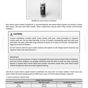 K&ouml;nnte beinhalten: Ein Produktinformationsblatt f&uuml;r John Deere Liquid Coolant Conditioner. Das Blatt enth&auml;lt ein Foto des Produkts, eine wei&szlig;e Flasche mit schwarzem Etikett. Der Text enth&auml;lt Warnhinweise und Gebrauchsanweisungen.
