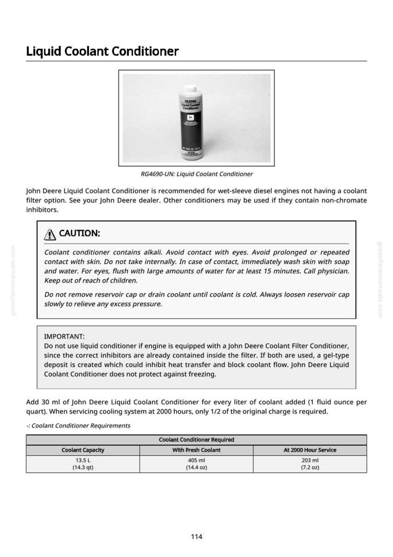 K&ouml;nnte beinhalten: Ein Produktinformationsblatt f&uuml;r John Deere Liquid Coolant Conditioner. Das Blatt enth&auml;lt ein Foto des Produkts, eine wei&szlig;e Flasche mit schwarzem Etikett. Der Text enth&auml;lt Warnhinweise und Gebrauchsanweisungen.