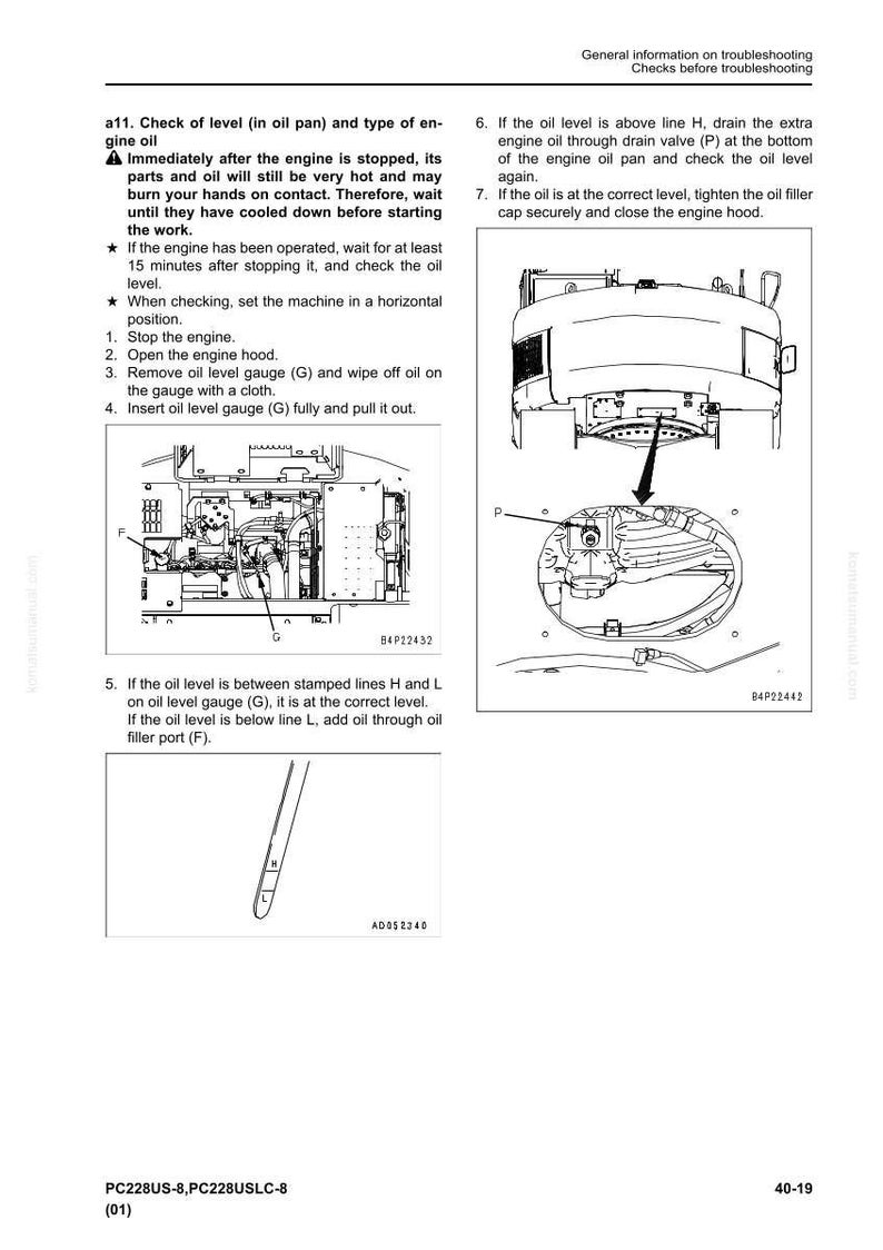 May include: Diagram from a manual detailing engine oil level checks. Includes illustrations of engine components, oil level gauge, and instructions. Text includes safety warnings and step-by-step procedures for maintenance.