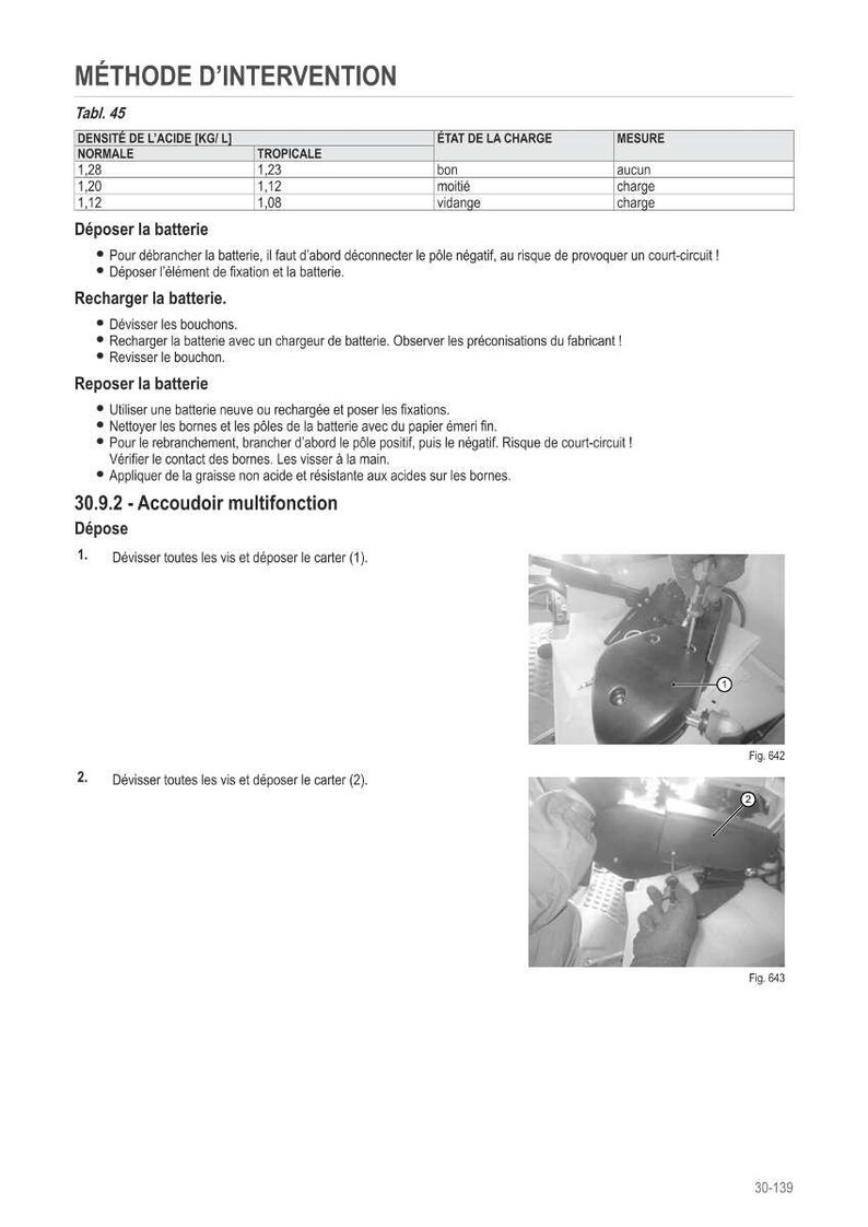 Pu&ograve; includere: Una pagina di un manuale intitolata "M&Eacute;THODE D'INTERVENTION" con istruzioni sulla manutenzione e la rimozione della batteria. Include tabelle con informazioni sulla densit&agrave; e sulla carica, e diagrammi con le figure 642 e 643.