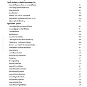 May include: A page from a manual with a detailed table of contents. The topics include "Single Reduction Final Drive - Heavy Duty" and "Hydrostatic System", with page numbers listed to the right. The text is in black font.