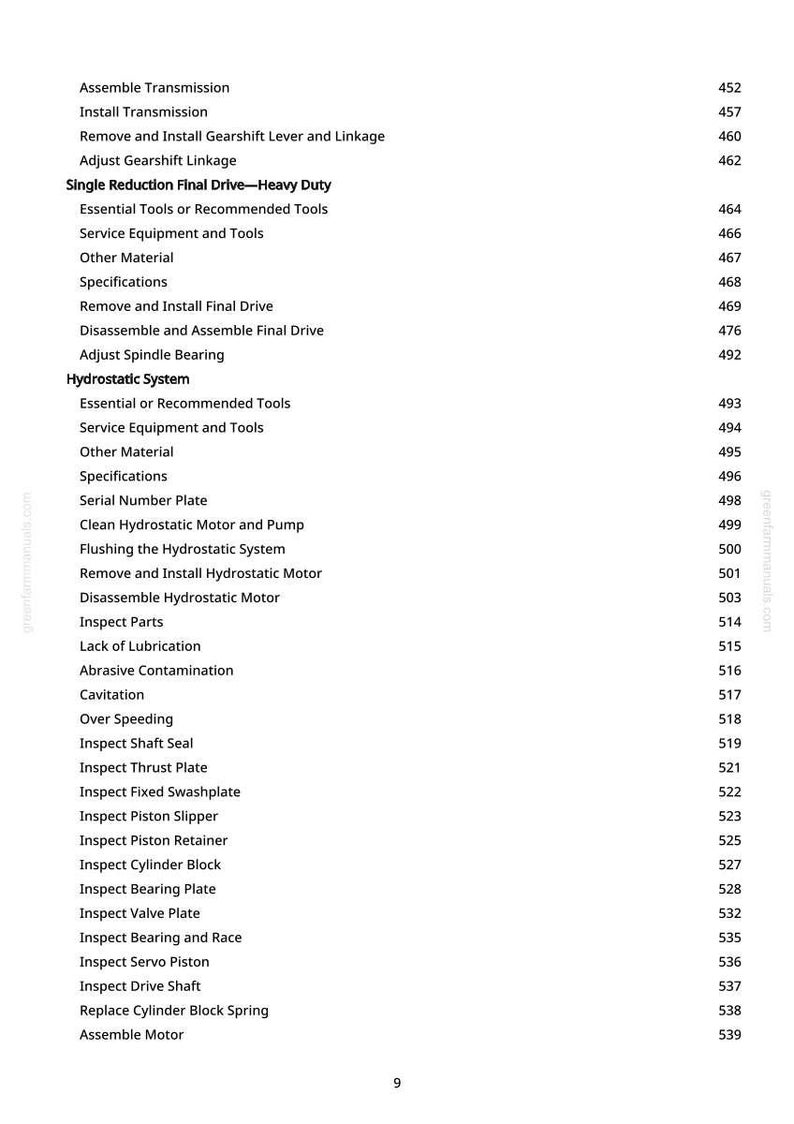 May include: A page from a manual with a detailed table of contents. The topics include "Single Reduction Final Drive - Heavy Duty" and "Hydrostatic System", with page numbers listed to the right. The text is in black font.