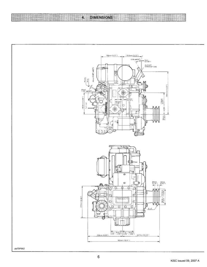 Op de afbeelding: Technische tekening van een motor, met gedetailleerde afmetingen in millimeters. De tekening toont bovenaanzichten en zijaanzichten, gelabeld met afmetingen en componentdetails. De tekst bovenaan luidt "4. DIMENSIONS".