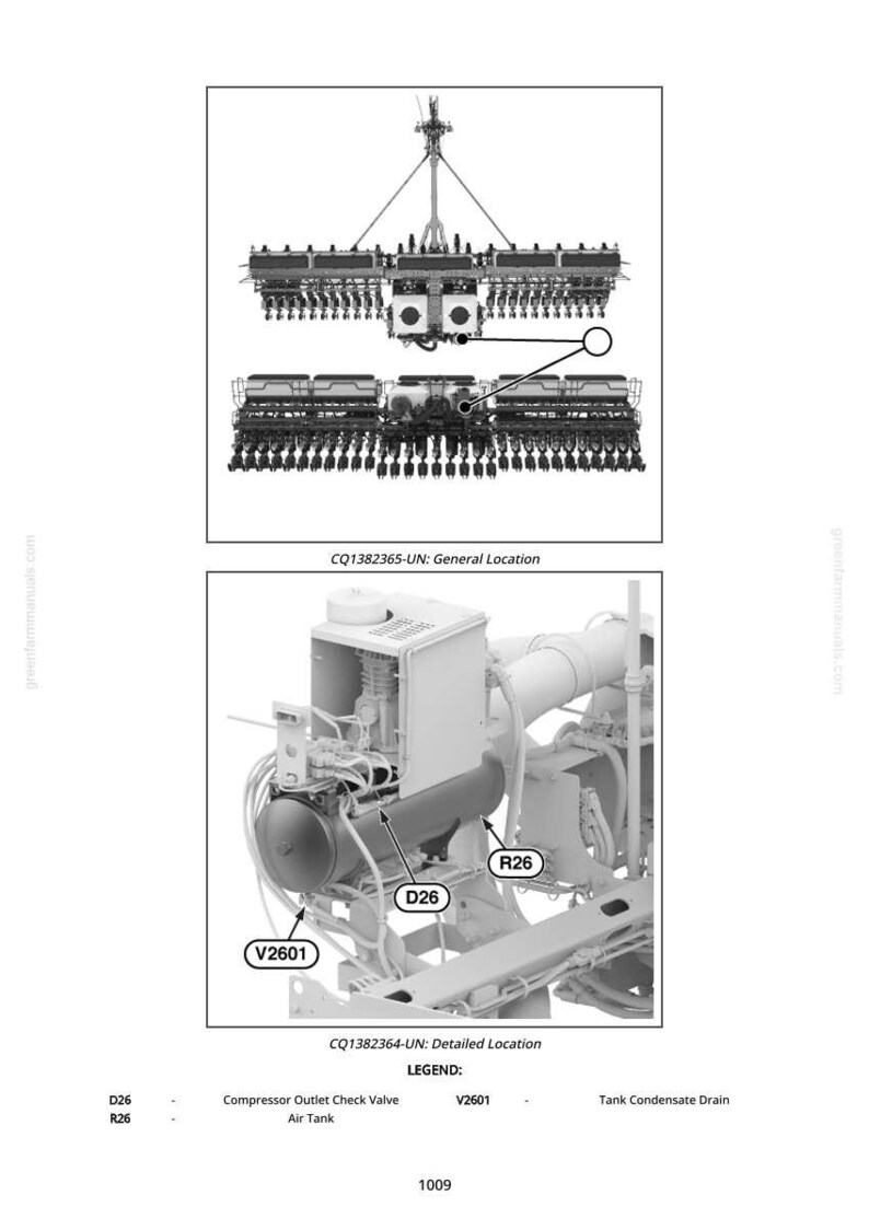 K&ouml;nnte beinhalten: Detaillierte Diagramm von Industriemaschinenkomponenten, einschlie&szlig;lich eines Kompressorauslass-R&uuml;ckschlagventils, eines Lufttanks und eines Kondensatablaufs. Das Bild ist mit Codes und einer Legende versehen.