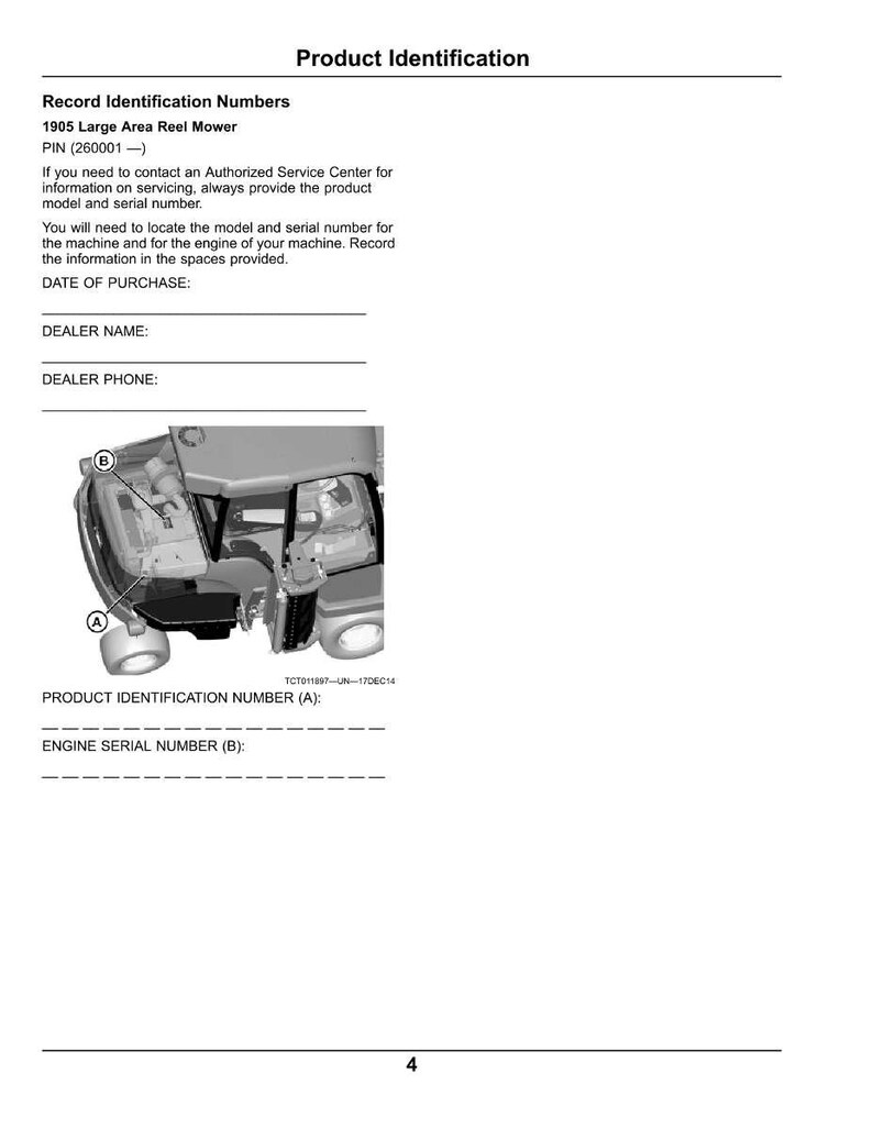 May include: Product identification page for a 1905 Large Area Reel Mower. Includes spaces to record the date of purchase, dealer name, and dealer phone. Also shows a diagram of the mower with labels for product and engine serial numbers.