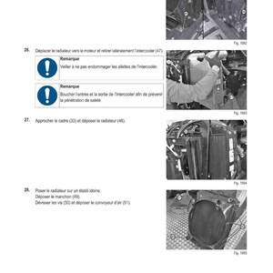 May include: A manual page titled "M&Eacute;THODE D'INTERVENTION" detailing automotive repair steps. Images illustrate the removal of a radiator and intercooler, with close-up diagrams of the components and numbered instructions.